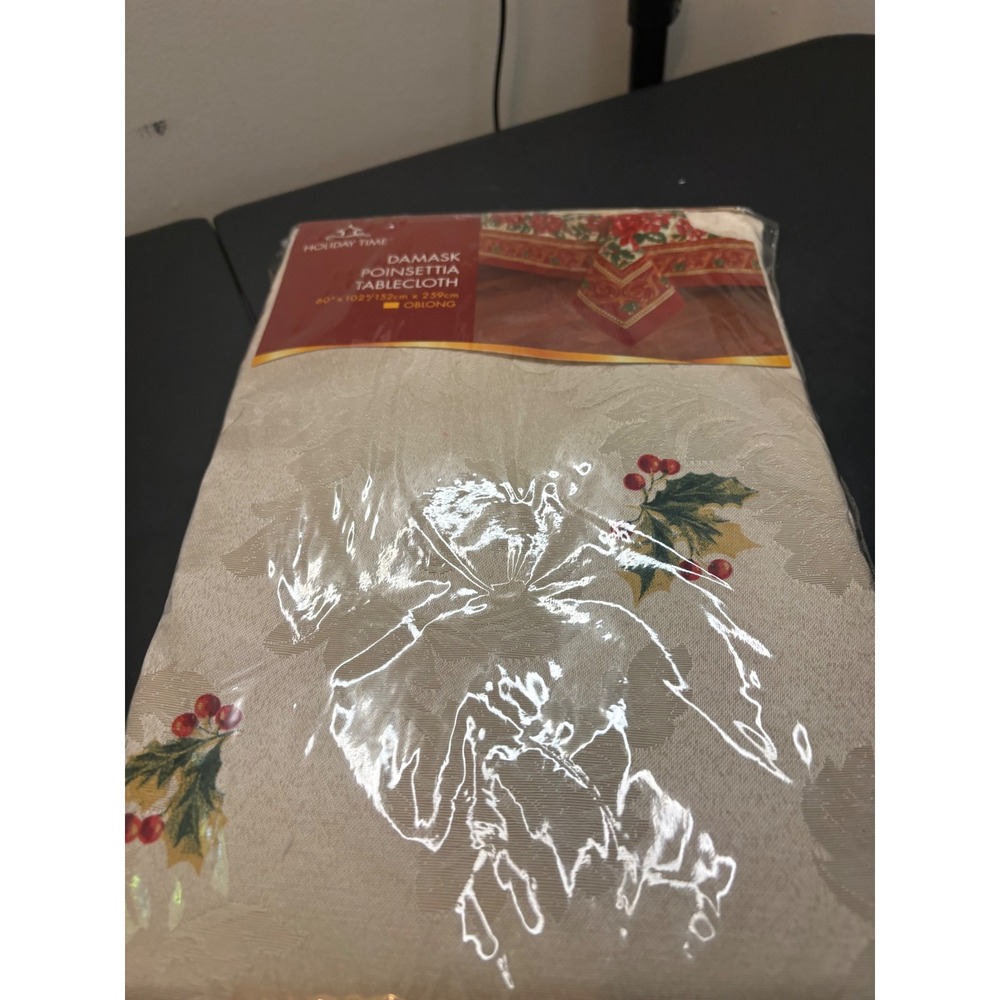 Holiday Time Damask Poinsettia Tablecloth Oblong 60x102 Christmas Holly Cream